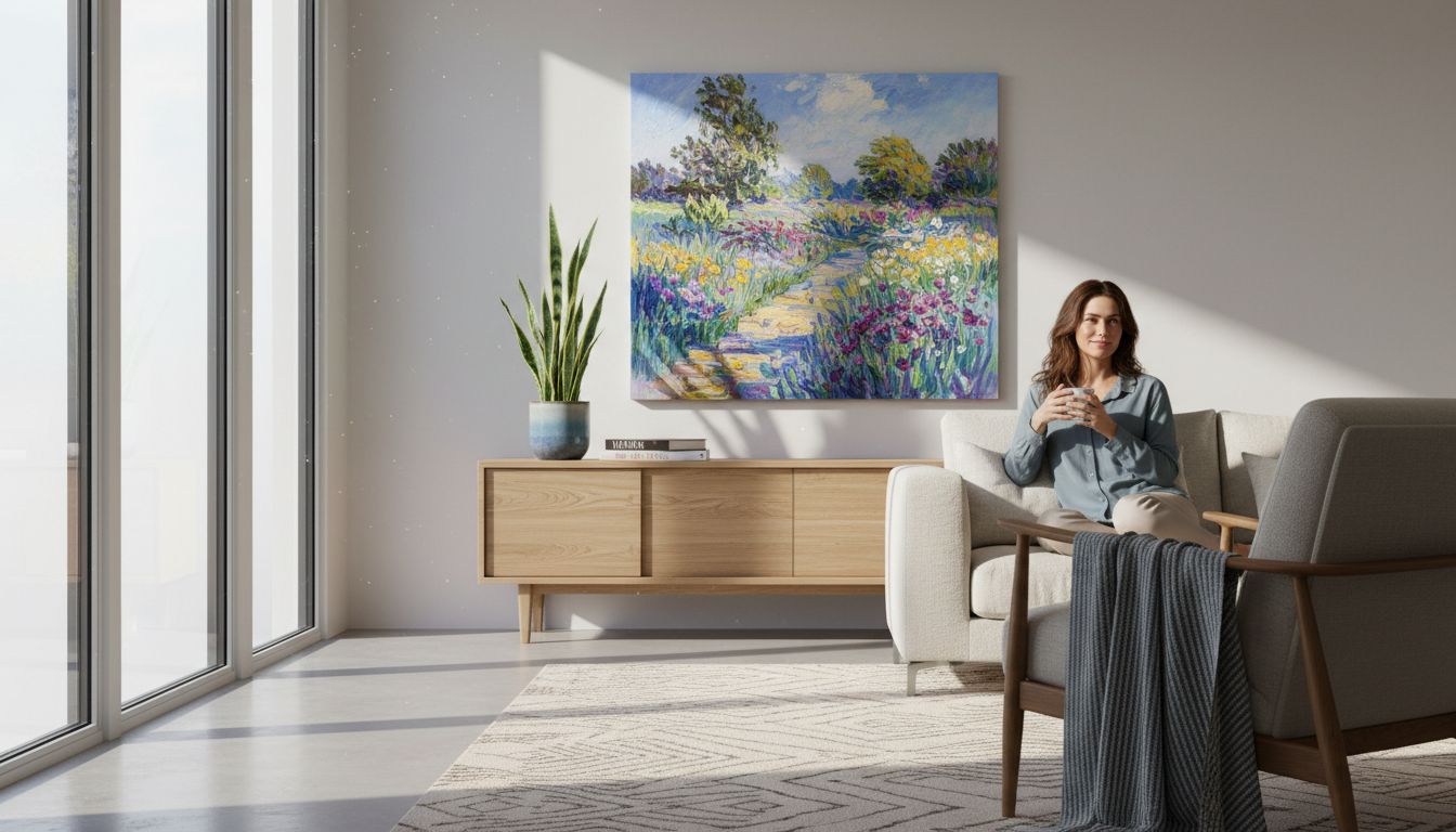 Living room with canvas reproduction art above sideboard