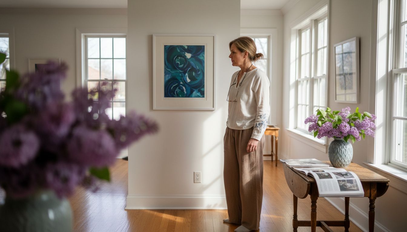 Woman examining limited art prints at home