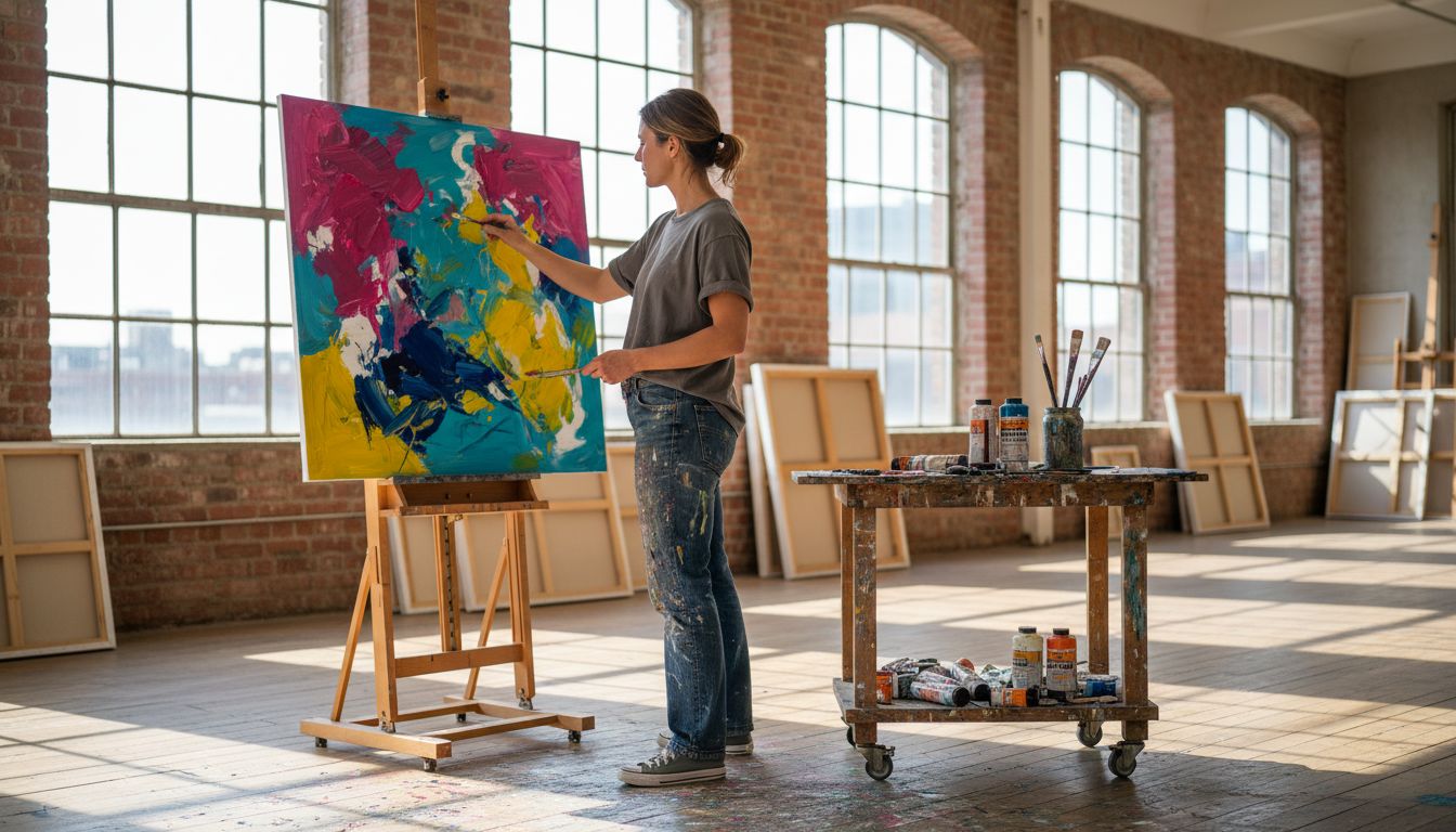 In einem Atelier mitten in der Stadt arbeitet ein Künstler an einem abstrakten Gemälde.