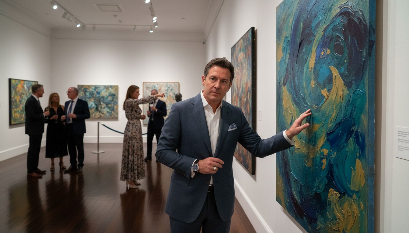 Collector admiring original paintings in gallery