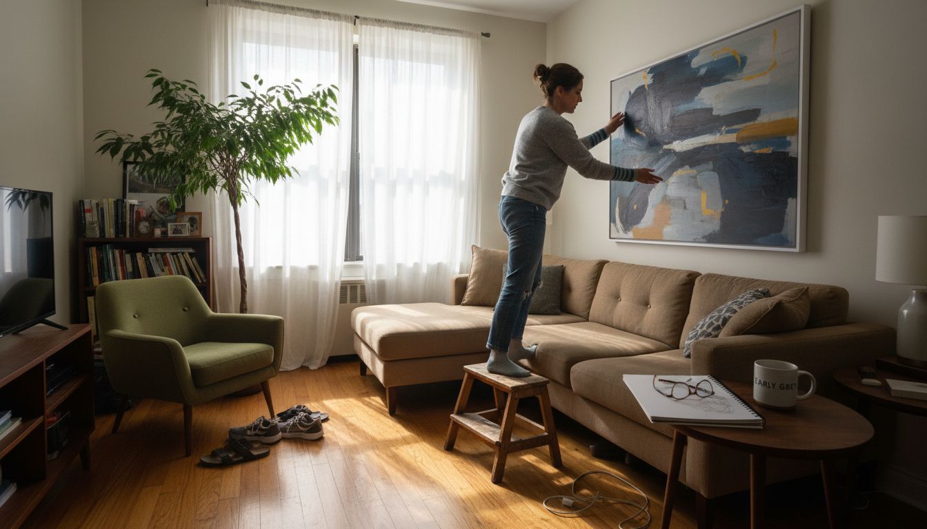 Arranging art in cozy city living room