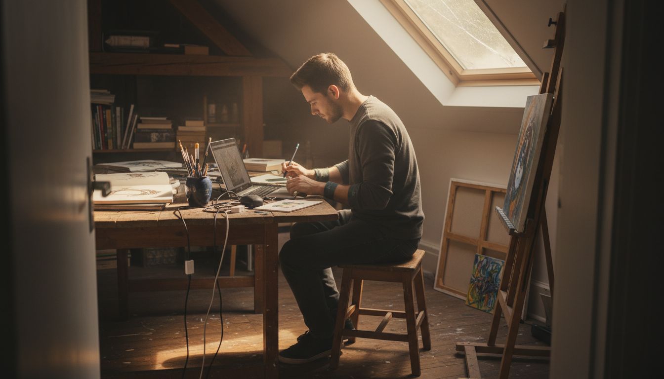 Artist creating digital art in attic studio