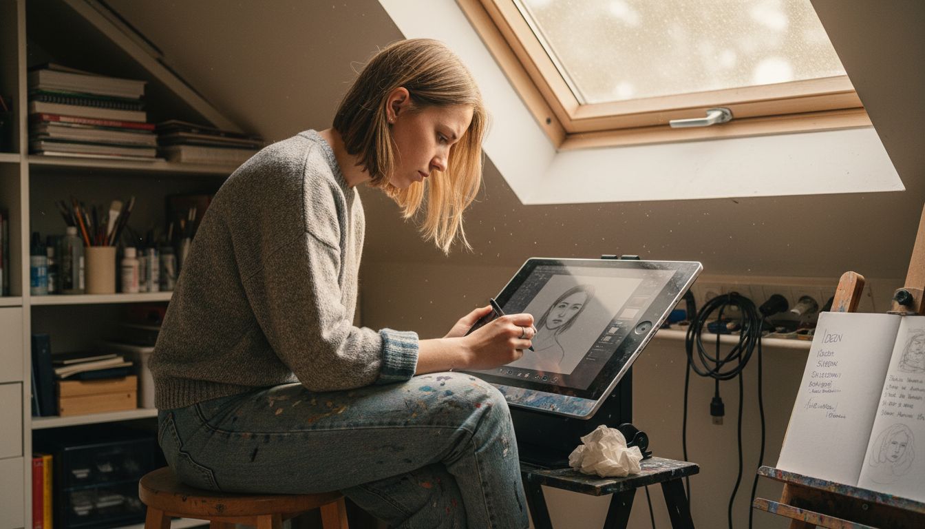 In seinem Atelier unterm Dach arbeitet ein Künstler an einem digitalen Porträt.