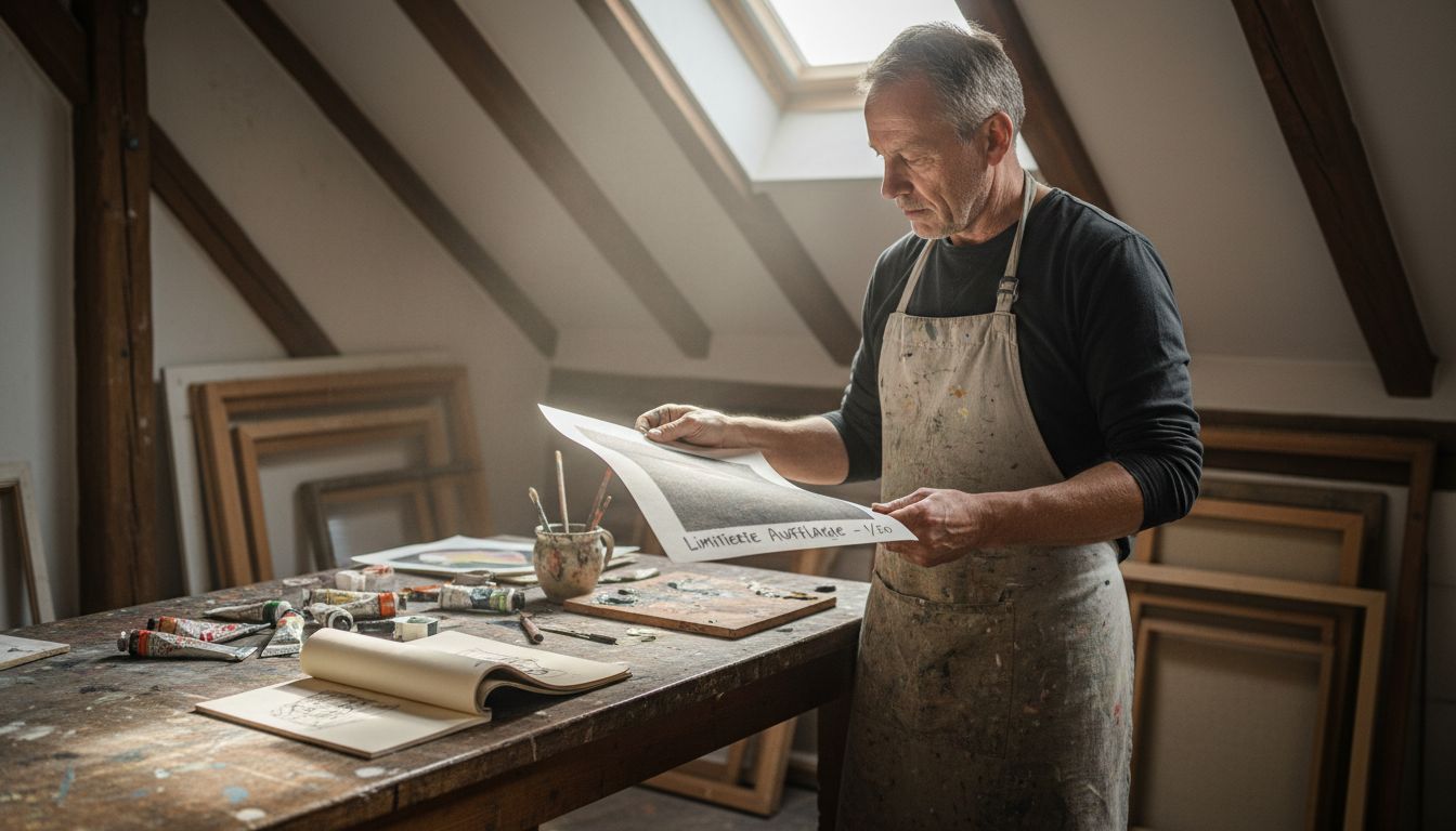 Ein Künstler begutachtet einen hochwertigen Kunstdruck in limitierter Auflage.