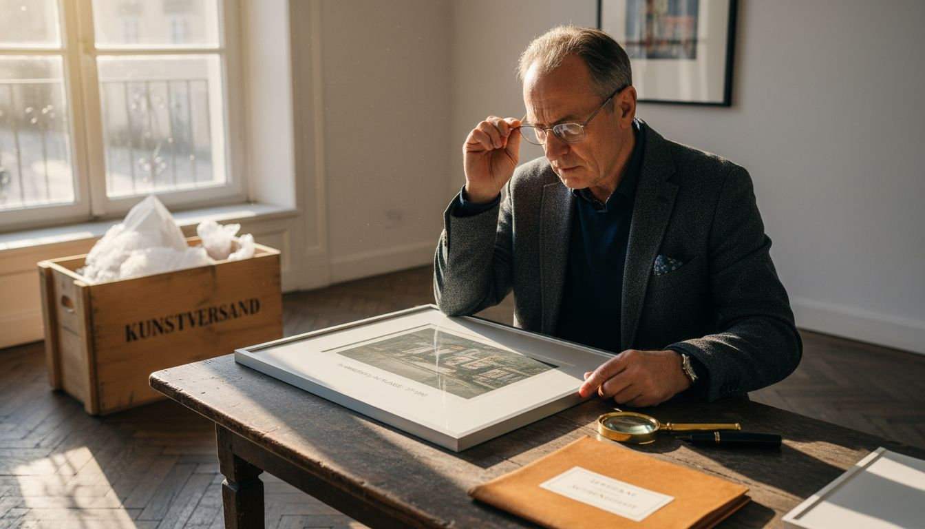 Ein Kunstsammler begutachtet einen limitierten Kunstdruck.