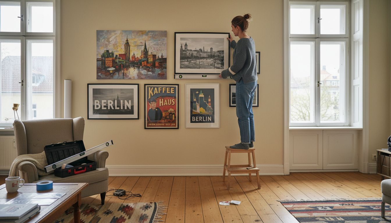 Eine Frau gestaltet ihr Wohnzimmer neu, indem sie verschiedene gerahmte Kunstdrucke an der Wand arrangiert.