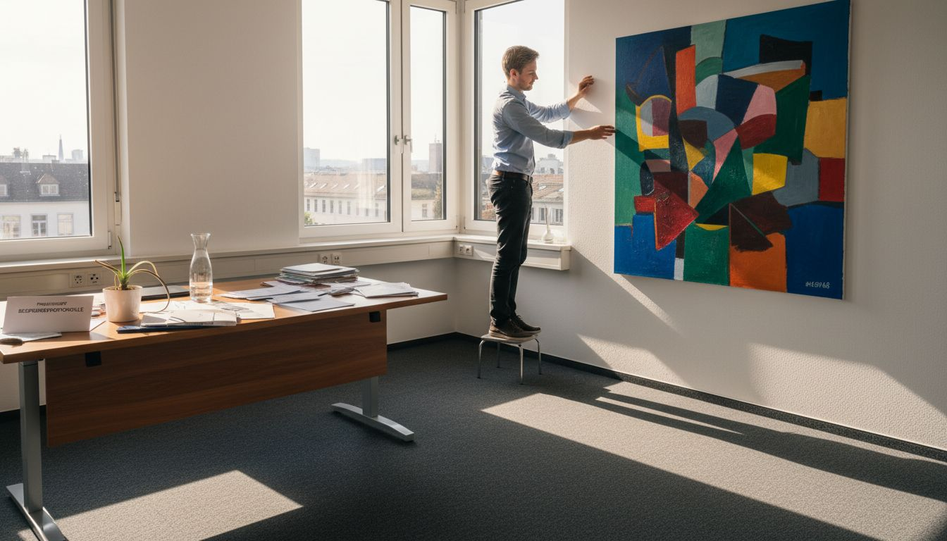 Ein Mitarbeiter gestaltet das Kunstarrangement im Eckbüro.