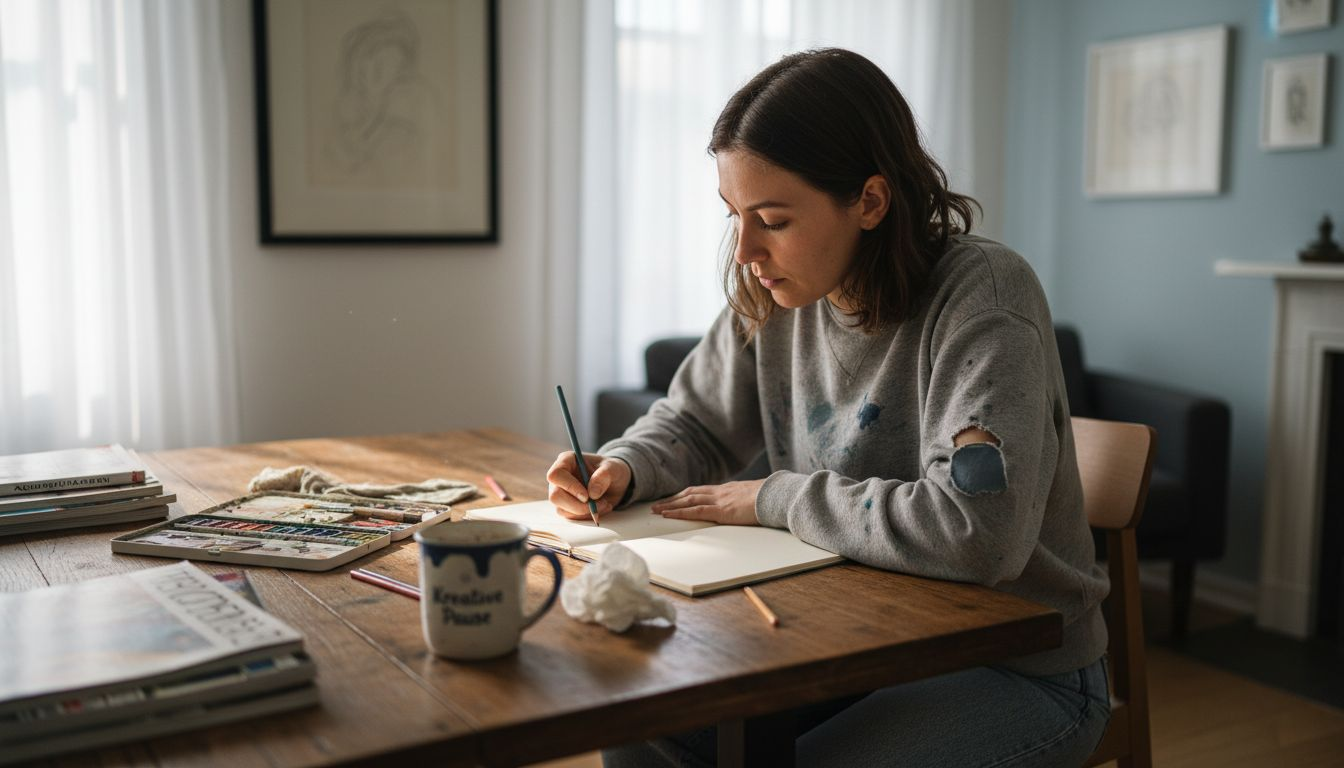 Eine Frau sitzt an ihrem Schreibtisch zu Hause und fertigt Skizzen für ihre Kunstwerke an.