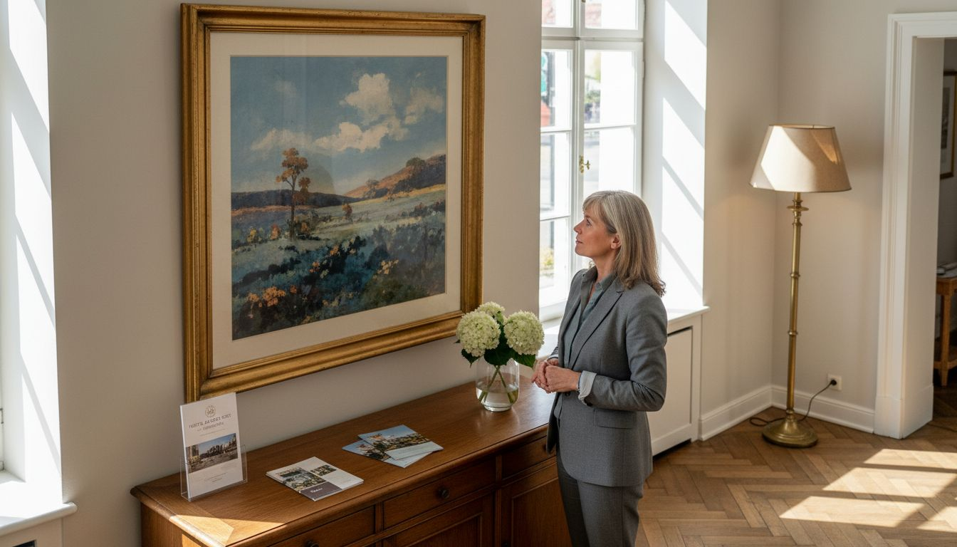 Die Hoteldirektorin wirft einen interessierten Blick auf das Kunstwerk in der Lobby.