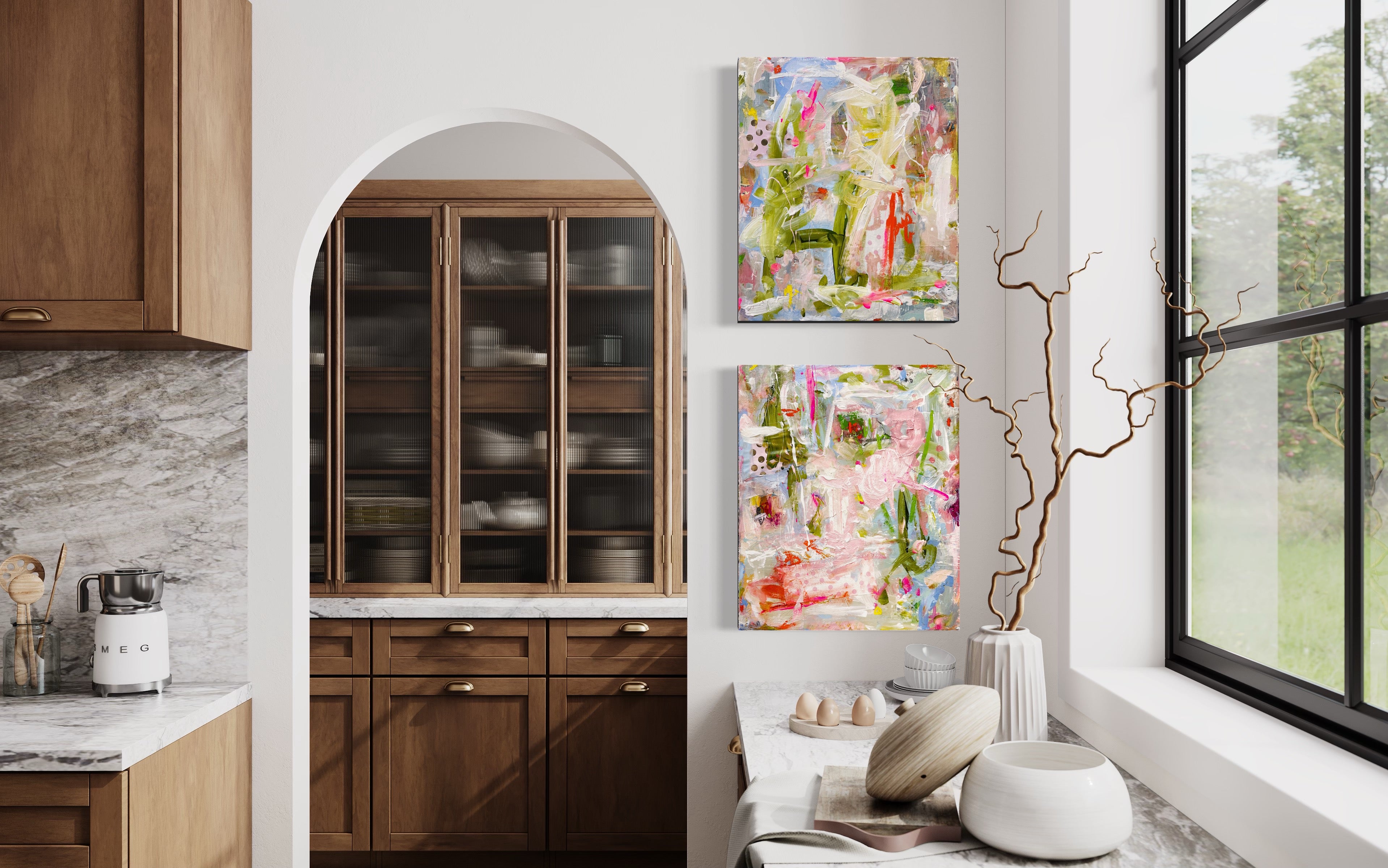 small mixed media paintings on the wall